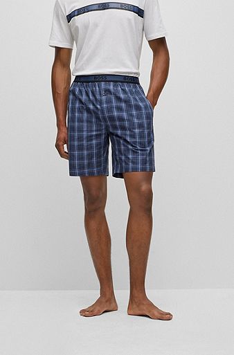 Cotton-poplin pyjama shorts with check pattern, Blue