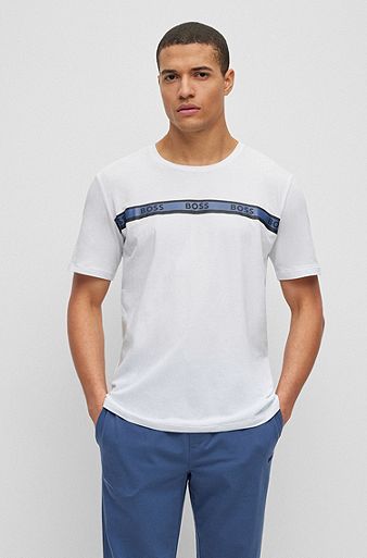 Stretch-cotton pyjama T-shirt with branded stripe, White
