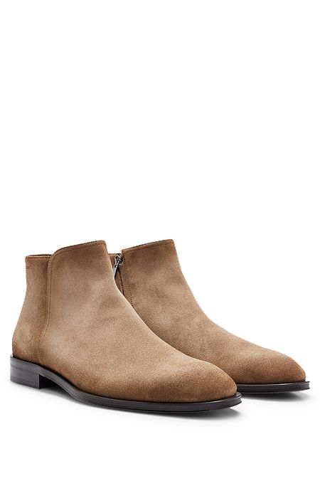 Suede ankle boots with embossed logo, Beige