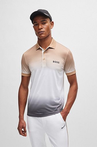 Stretch-jersey polo shirt with gradient stripes, Black  /  White  /  Beige