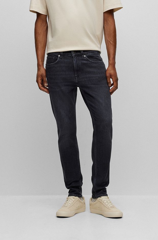 Slim-fit jeans in washed black comfort-stretch denim, Dark Grey