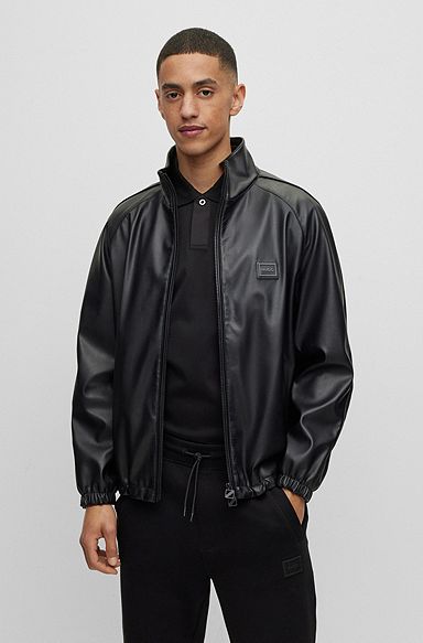 Faux-leather relaxed-fit jacket with framed logo, Black