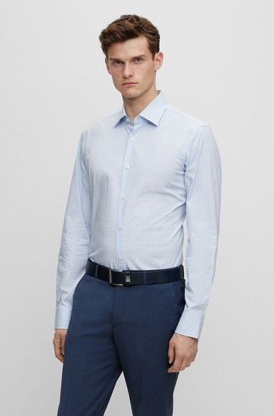 Chemise Regular Fit en coton stretch à carreaux, bleu clair
