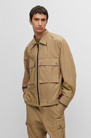 Regular-fit jacket in ripstop cotton with signature label, Light Brown