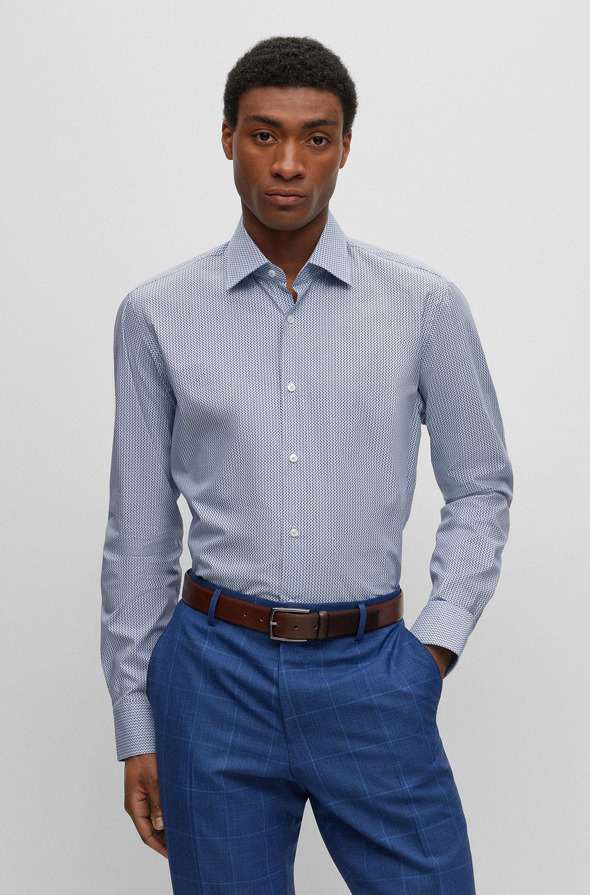 Chemise Regular Fit en coton stretch à motif, bleu clair