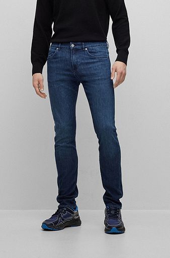 Dunkelblaue Slim-Fit Jeans aus leichtem italienischem Denim, Dunkelblau