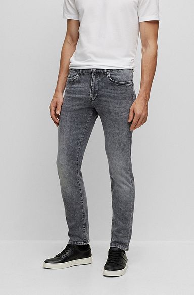 Slim-fit jeans in stonewashed grey Italian stretch denim, Dark Grey