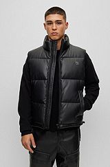Water-repellent gilet in faux leather with stacked-logo hardware, Black