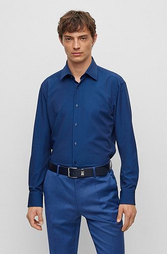 Regular-fit overhemd van hoogwaardig stretchmateriaal met structuur, Donkerblauw