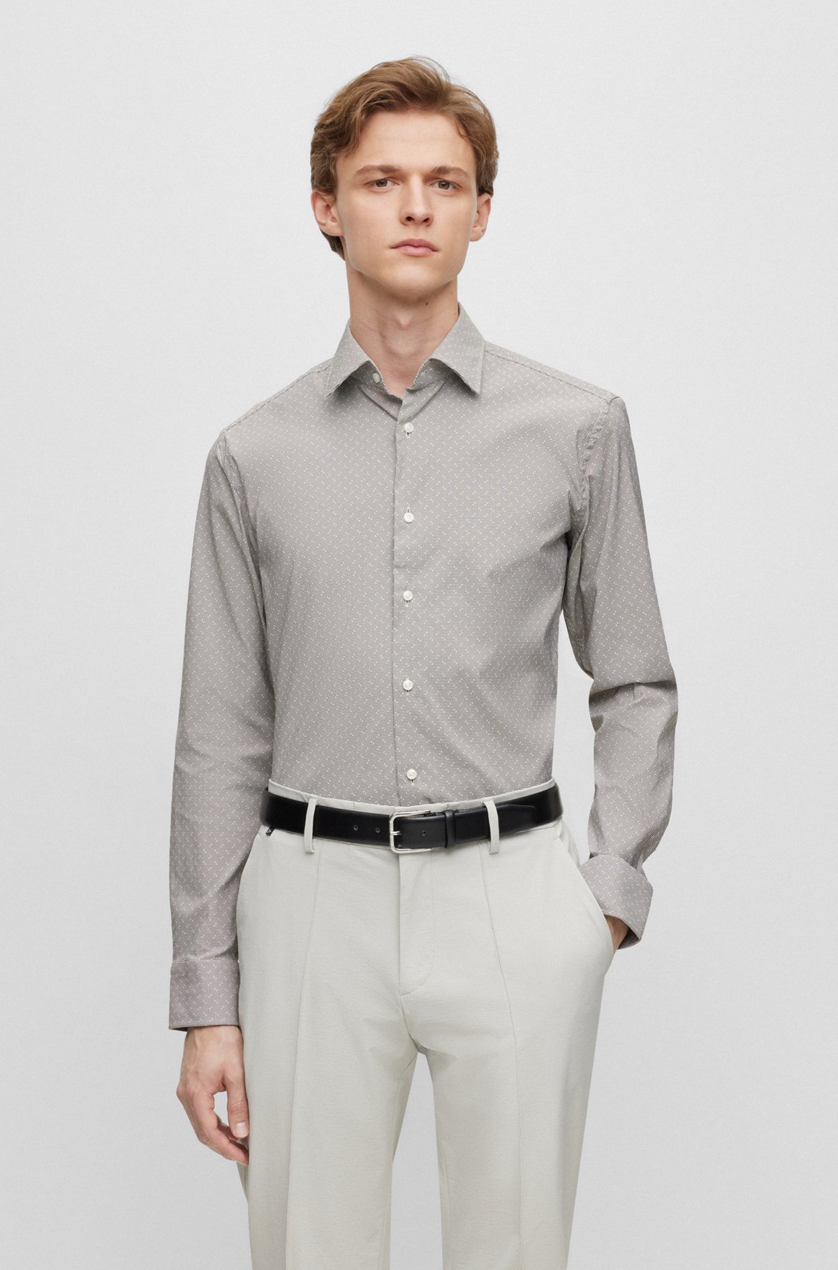 Slim-fit overhemd van gestructureerd hoogwaardig stretchmateriaal, Grijs
