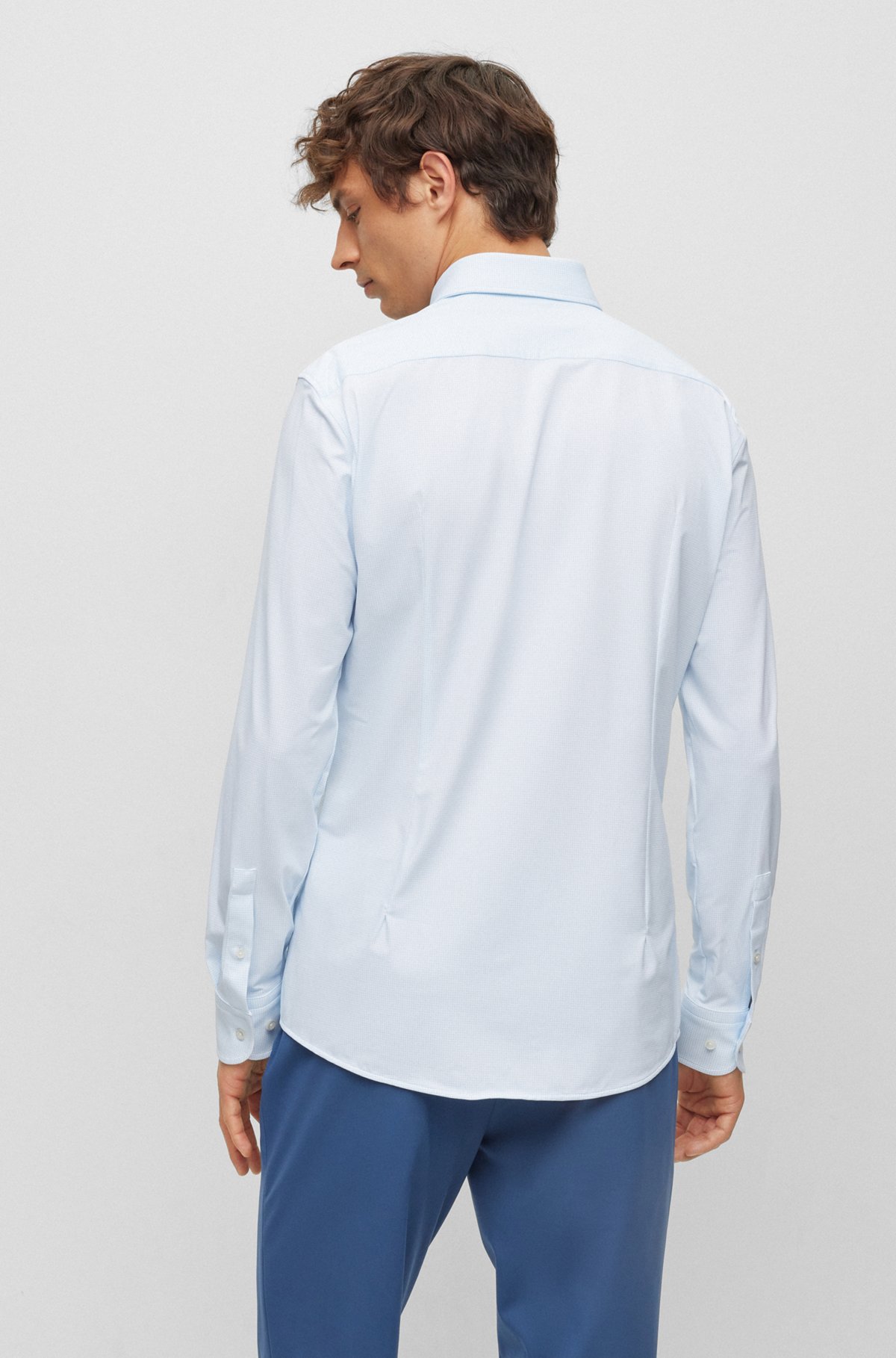 Slim-fit shirt in structured performance-stretch fabric, Light Blue