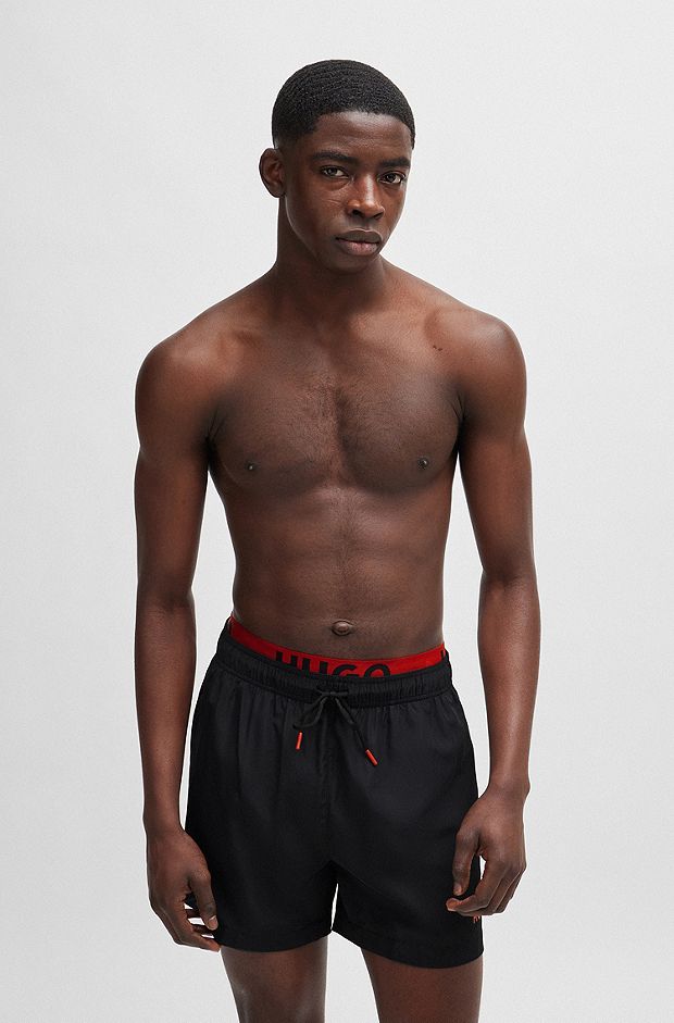Logo-print swim shorts with double waistband, Black