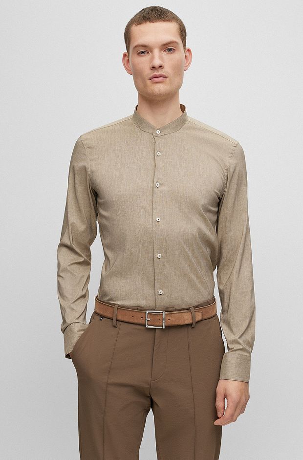 Slim-fit shirt in stretch fabric with stand collar, Light Brown