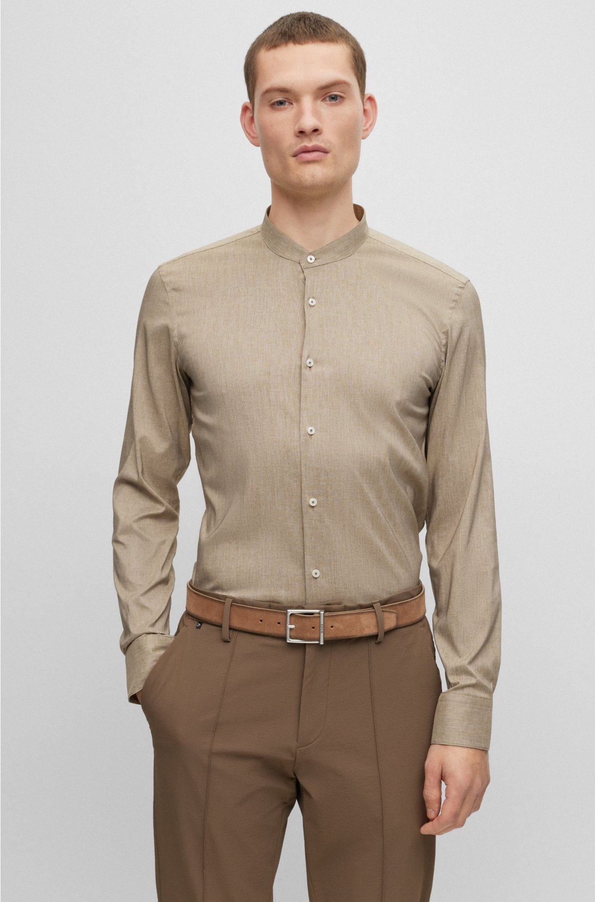BOSS - Slim-fit shirt in stretch fabric with stand collar