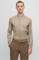 Slim-fit shirt in stretch fabric with stand collar, Light Brown