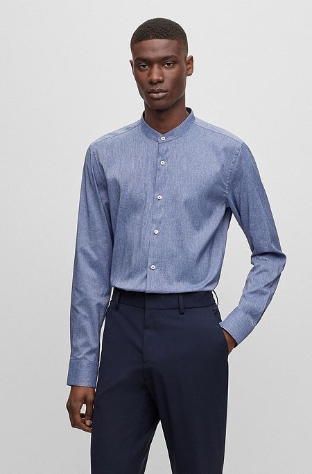 Slim-fit shirt in stretch fabric with stand collar, Blue
