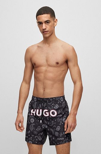 Recycled-material swim shorts with logo and paisley print, Black