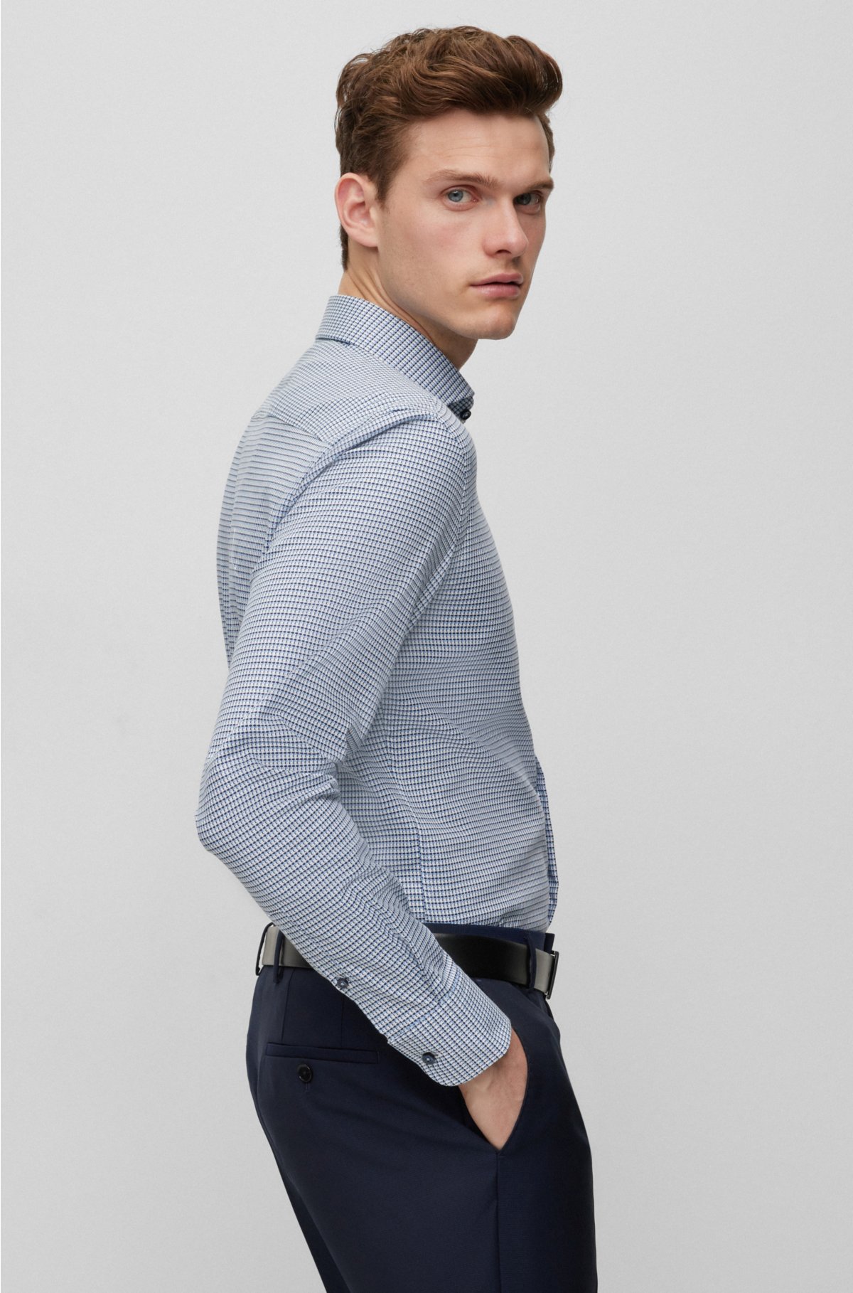 Slim-fit shirt in micro-structured stretch cotton, Blue