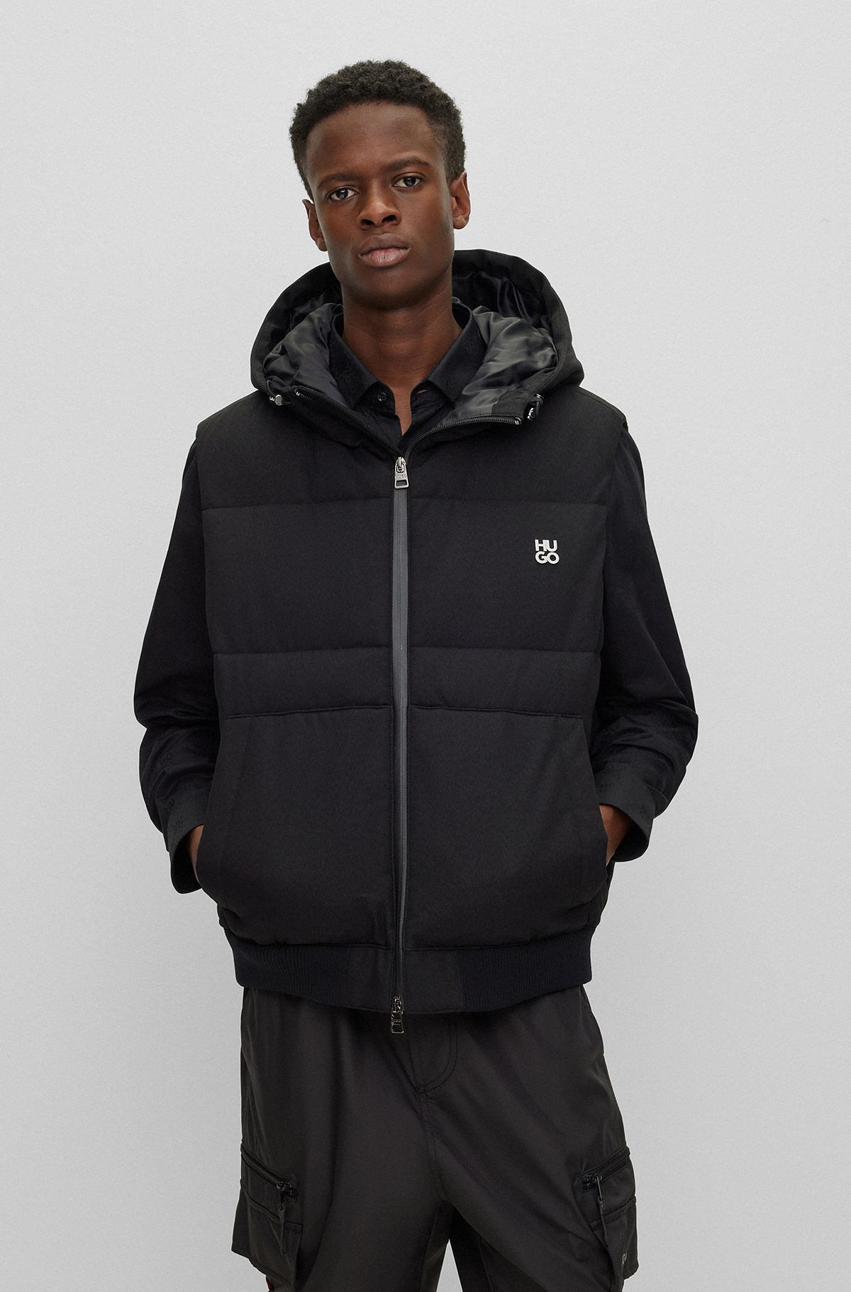 Regular-fit hooded puffer gilet with stacked-logo trim, Black