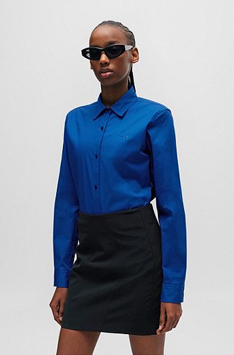 Slim-fit blouse in organic cotton with stretch, Blue