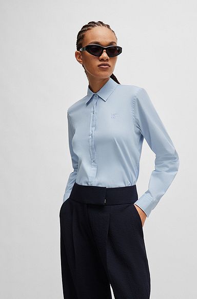 Slim-fit blouse in organic cotton with stretch, Light Blue