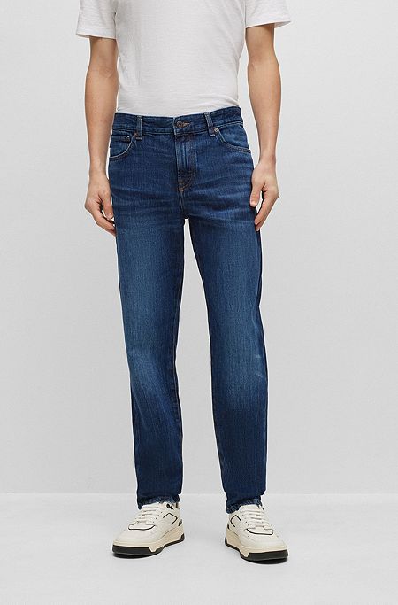 Regular-fit jeans in mid-washed indigo rigid denim, Dark Blue