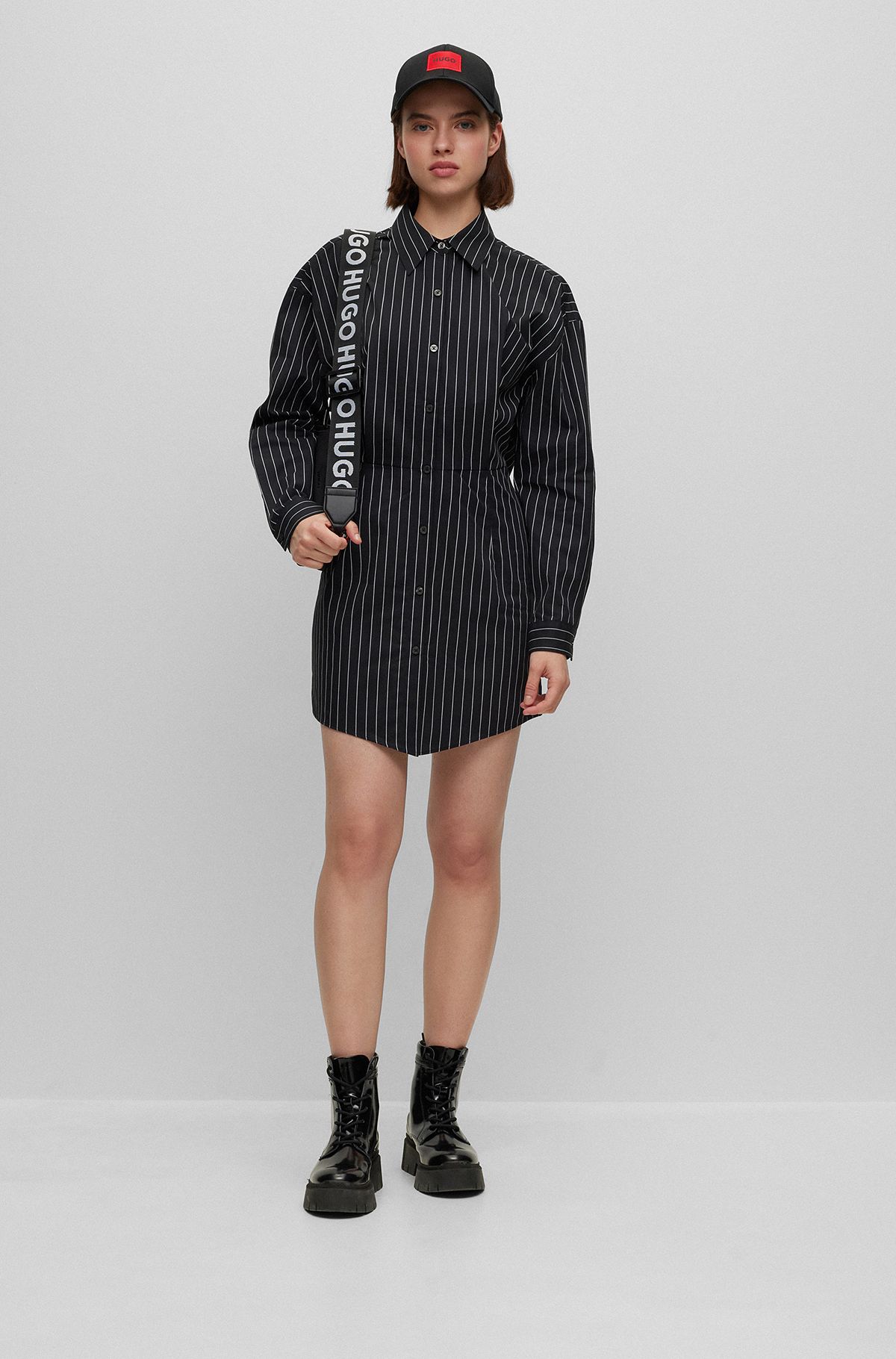 Long-sleeved pinstripe shirt dress in cotton, Black