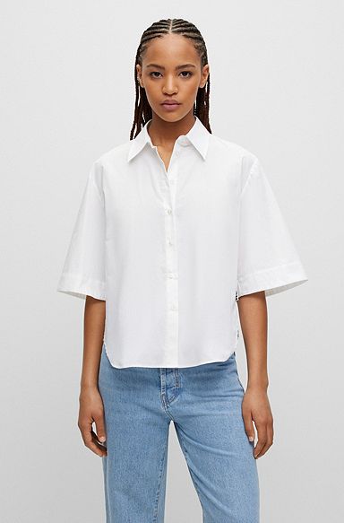 Organic-cotton cropped blouse with logo flag, White