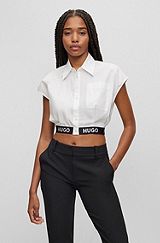Organic-cotton blouse with logo waistband, White