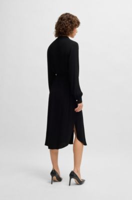 BOSS Belted dress with collarless V neckline and button cuffs