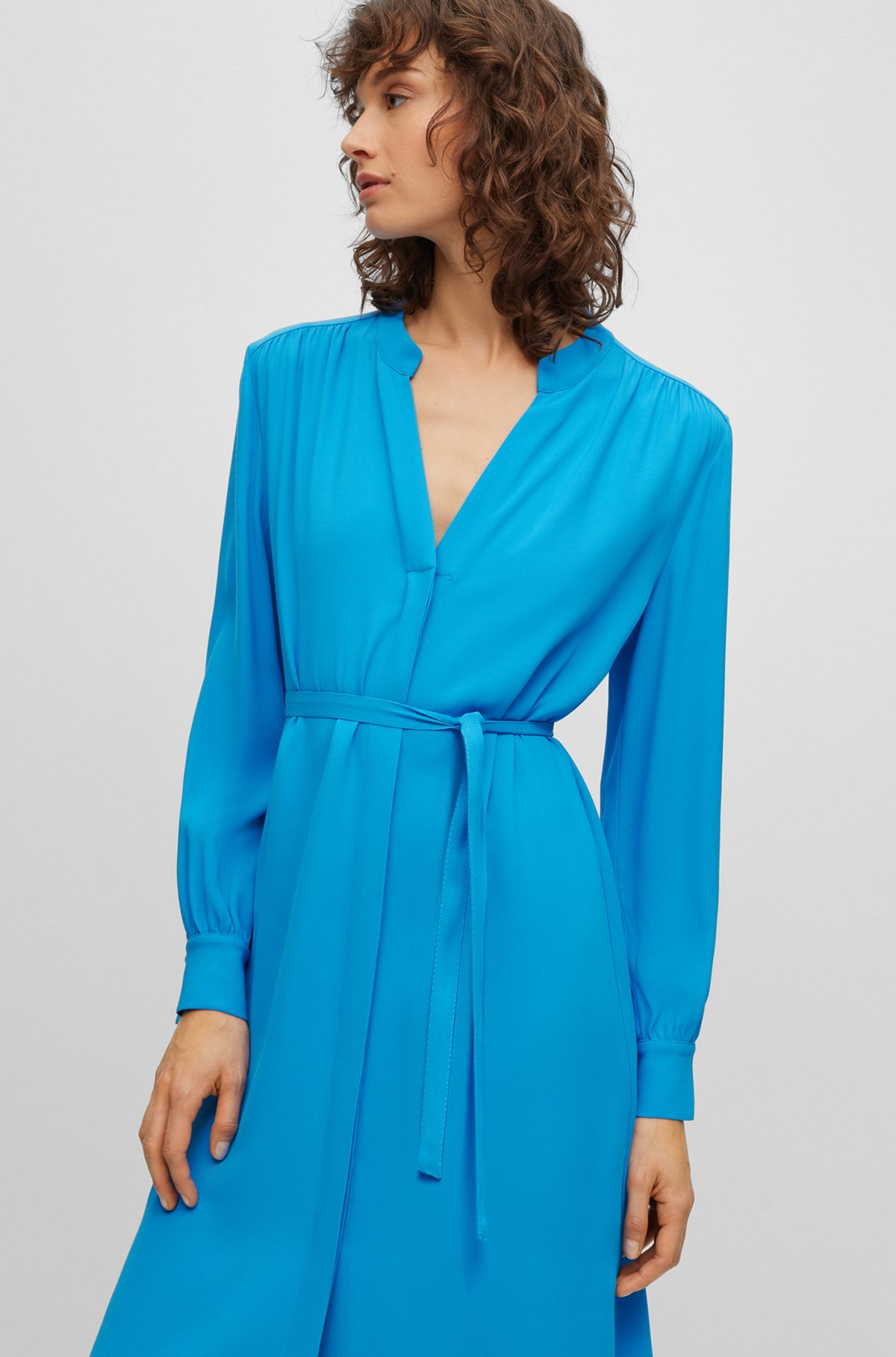 Belted dress with collarless V neckline and button cuffs, Turquoise