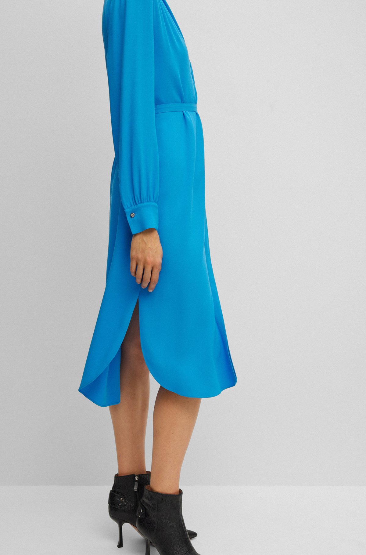 Belted dress with collarless V neckline and button cuffs, Turquoise