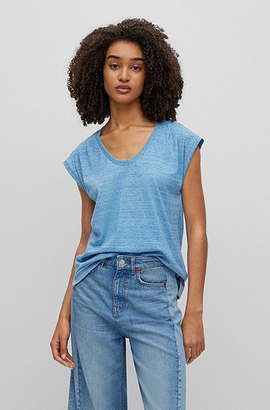 Cotton-blend T-shirt with gathered shoulders, Light Blue