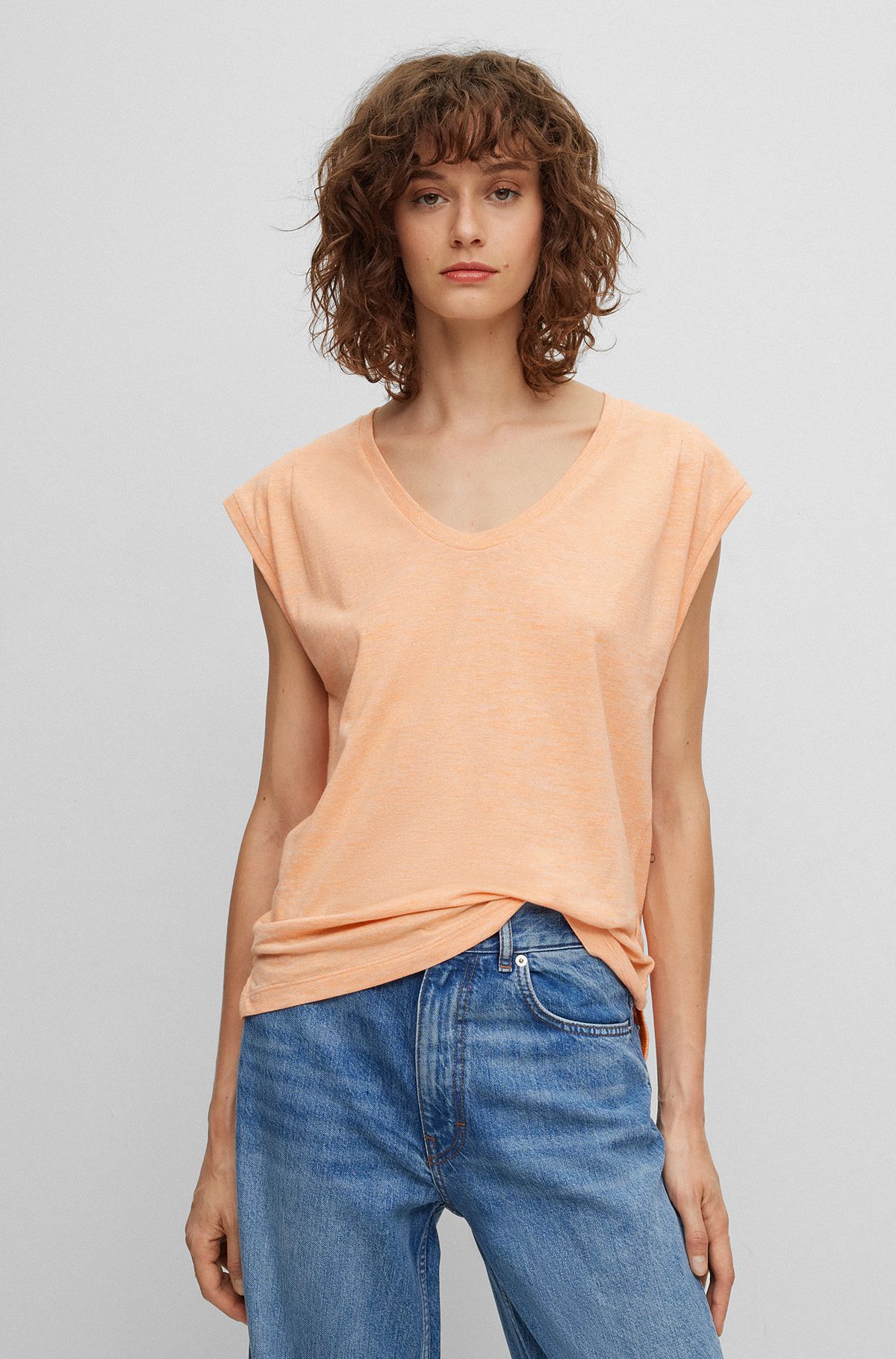 Cotton-blend T-shirt with gathered shoulders, Light Orange