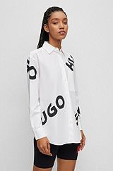 Organic-cotton oversized-fit blouse with contrast logos, White