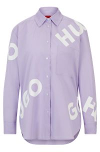 Organic-cotton oversized-fit blouse with contrast logos, Light Purple