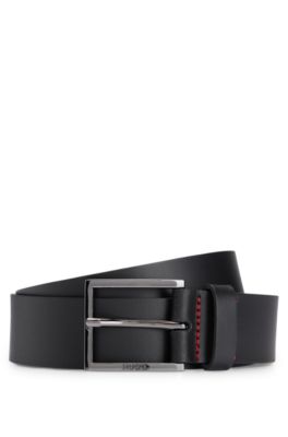 Leather belt with engraved-logo buckle, Black