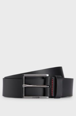 Leather belt with engraved-logo buckle, Black