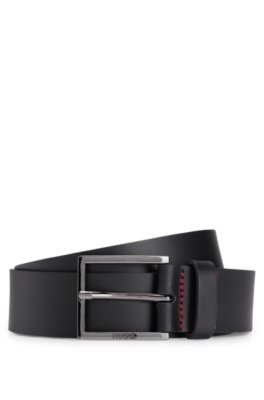 Leather belt with engraved-logo buckle