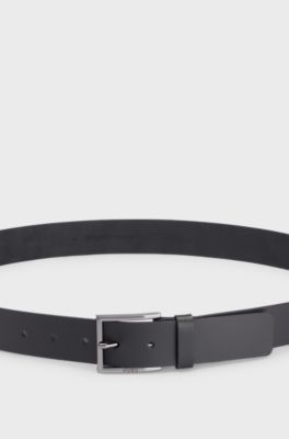 Leather belt with engraved-logo buckle, Black
