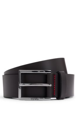 Leather belt with engraved-logo buckle, Dark Brown