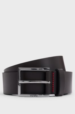 Leather belt with engraved-logo buckle, Dark Brown