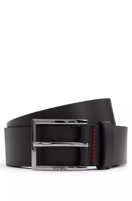 Leather belt with engraved-logo buckle