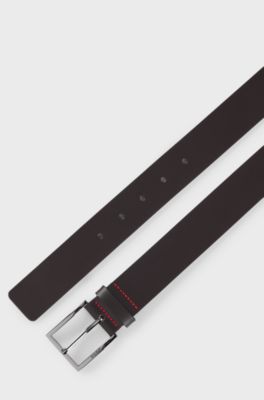 Leather belt with engraved-logo buckle, Dark Brown