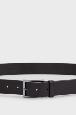 Leather belt with engraved-logo buckle, Dark Brown