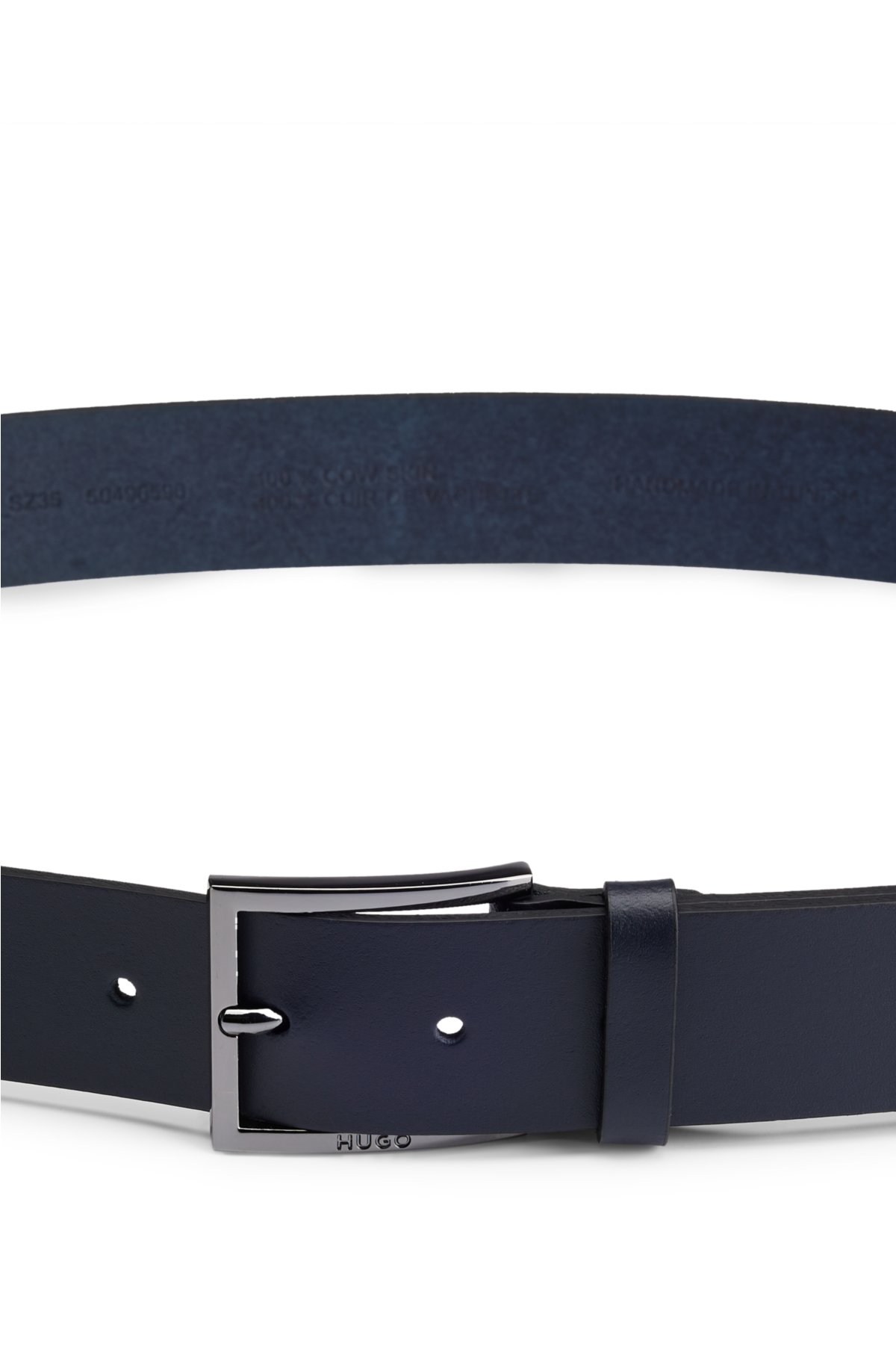 Leather belt with red stitching and branded buckle, Dark Blue