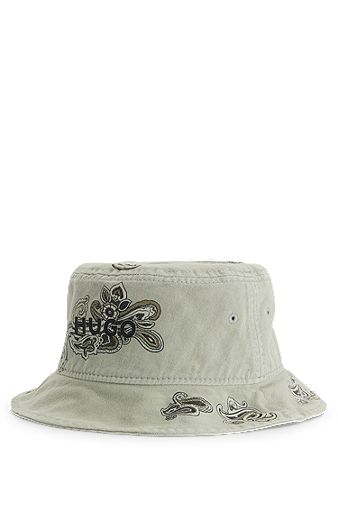 Cotton-twill bucket hat with paisley motif and logo, Light Green