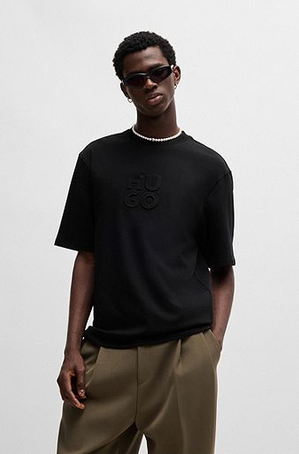 Cotton-jersey T-shirt with embossed stacked logo, Black