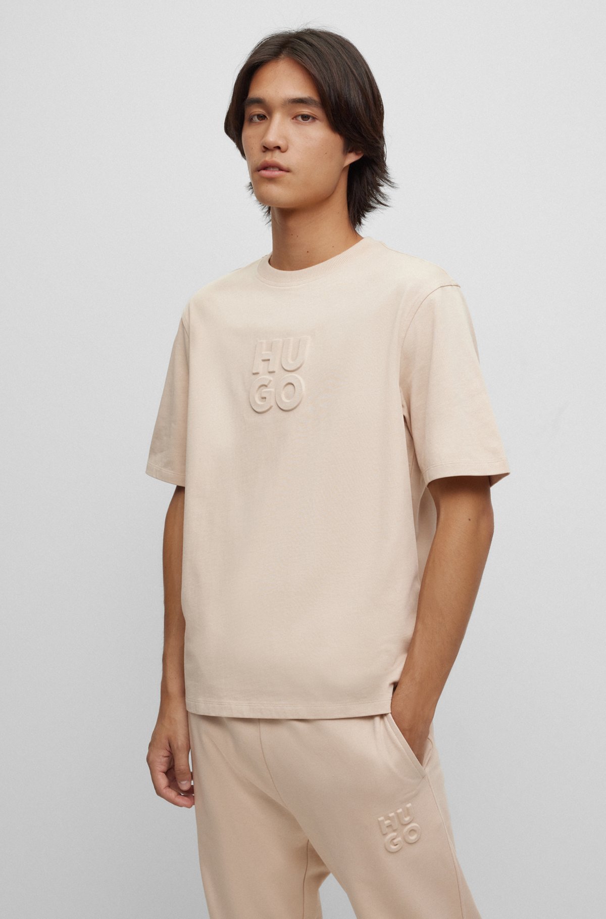 Relaxed-fit T-shirt in cotton with stacked logo, Light Beige