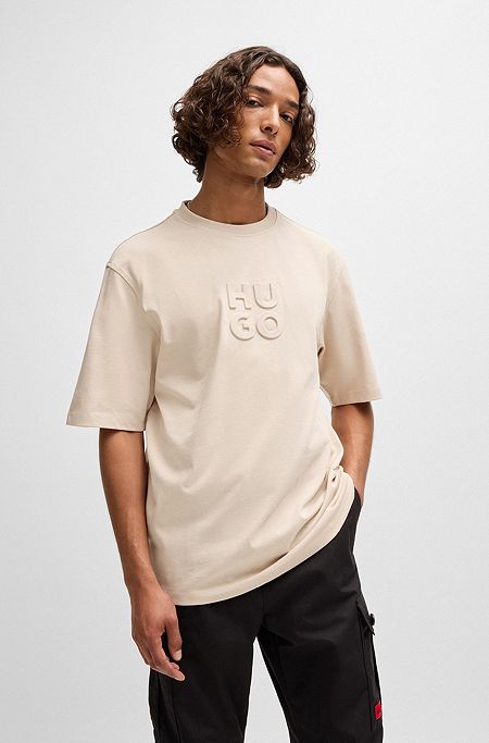 Cotton-jersey T-shirt with embossed stacked logo, Natural